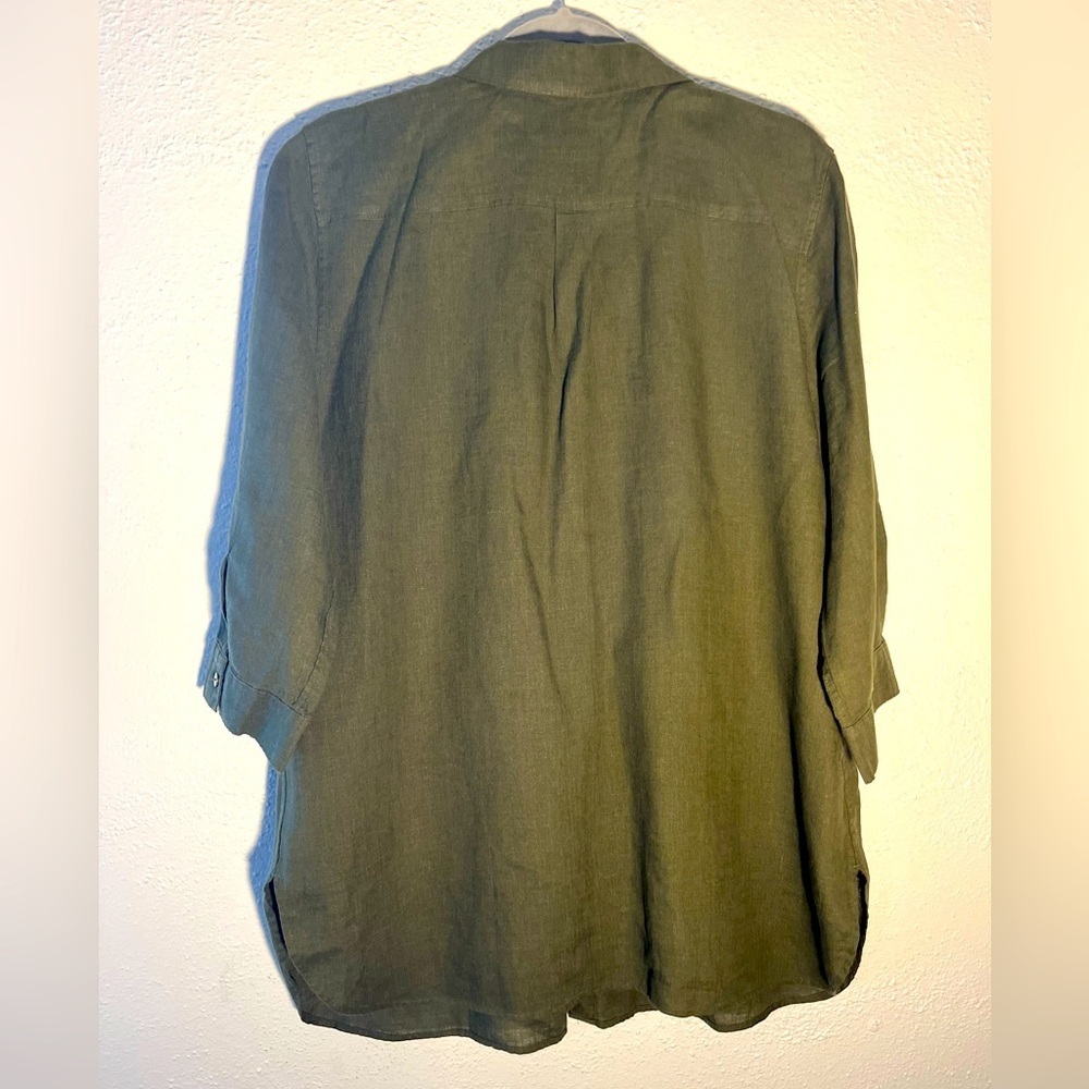 Chicos Size 2 No Iron Button Up Size 14 US XL Green Long Sleeve Linen Shirt - Picture 2 of 6